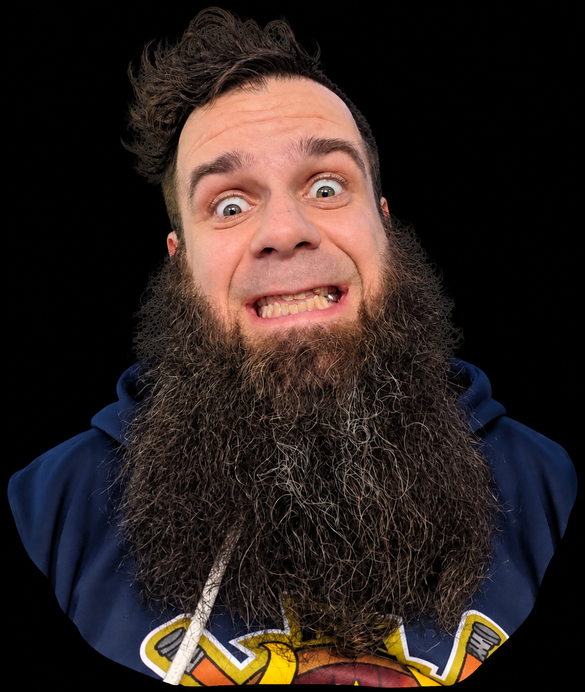 Mike with a huge beard, mohawk, and a deliberately ridiculous grin